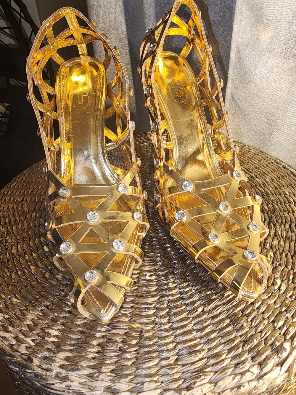 Vintage Look Gold Crystal Cage High Heels for Women
